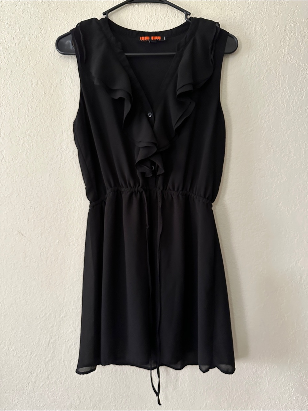 Love Tree Black Chiffon Ruffle-Front Drawstring Mini Dress - Picture 3 of 13
